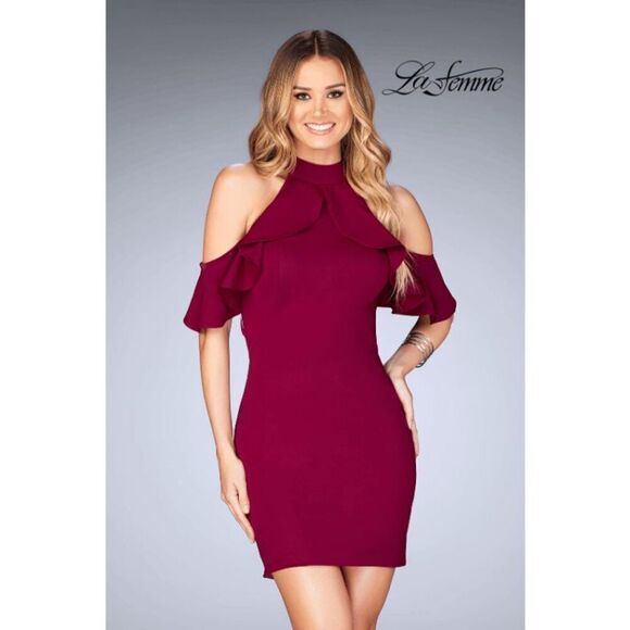 NWT La Femme 25147 Burgundy Red Cocktail Mini Dress Backless Ruffle Size 4 - Picture 1 of 16